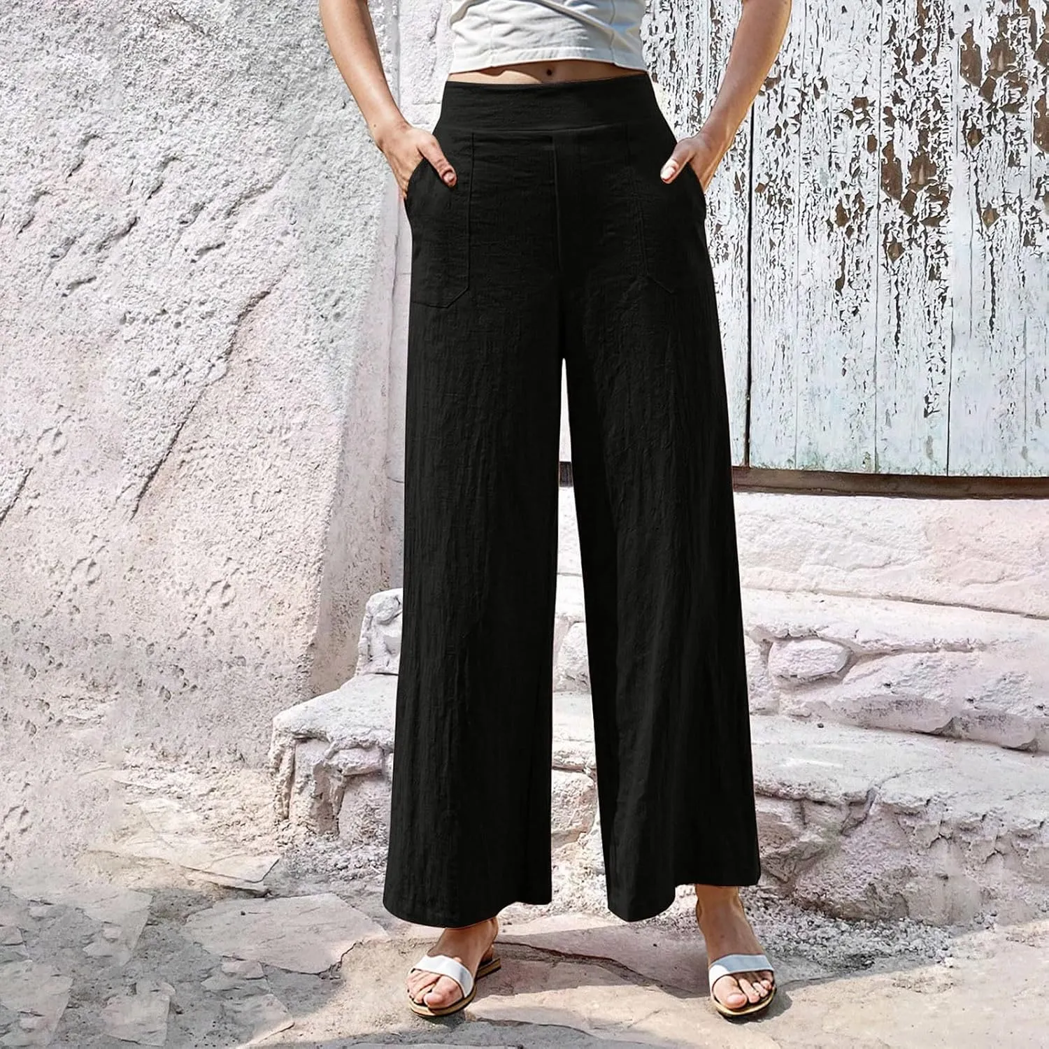 Womens Casual High Waisted Linen Pants Palazzo Lounge Beach Pants Travel Vacation Wide Leg Trousers with Pockets