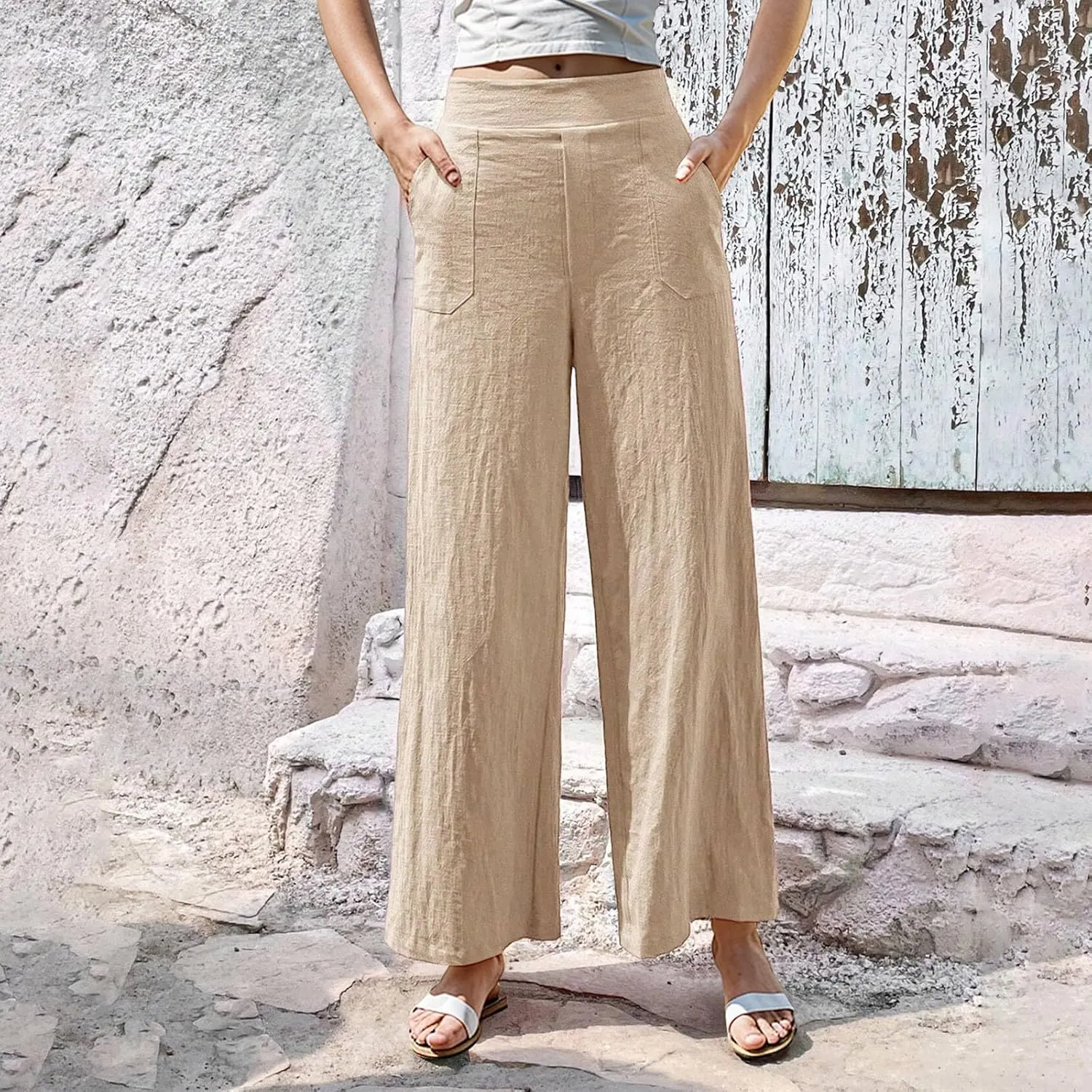 Womens Casual High Waisted Linen Pants Palazzo Lounge Beach Pants Travel Vacation Wide Leg Trousers with Pockets