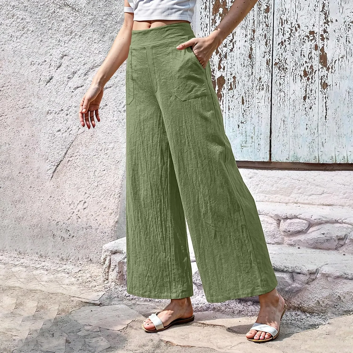 Womens Casual High Waisted Linen Pants Palazzo Lounge Beach Pants Travel Vacation Wide Leg Trousers with Pockets