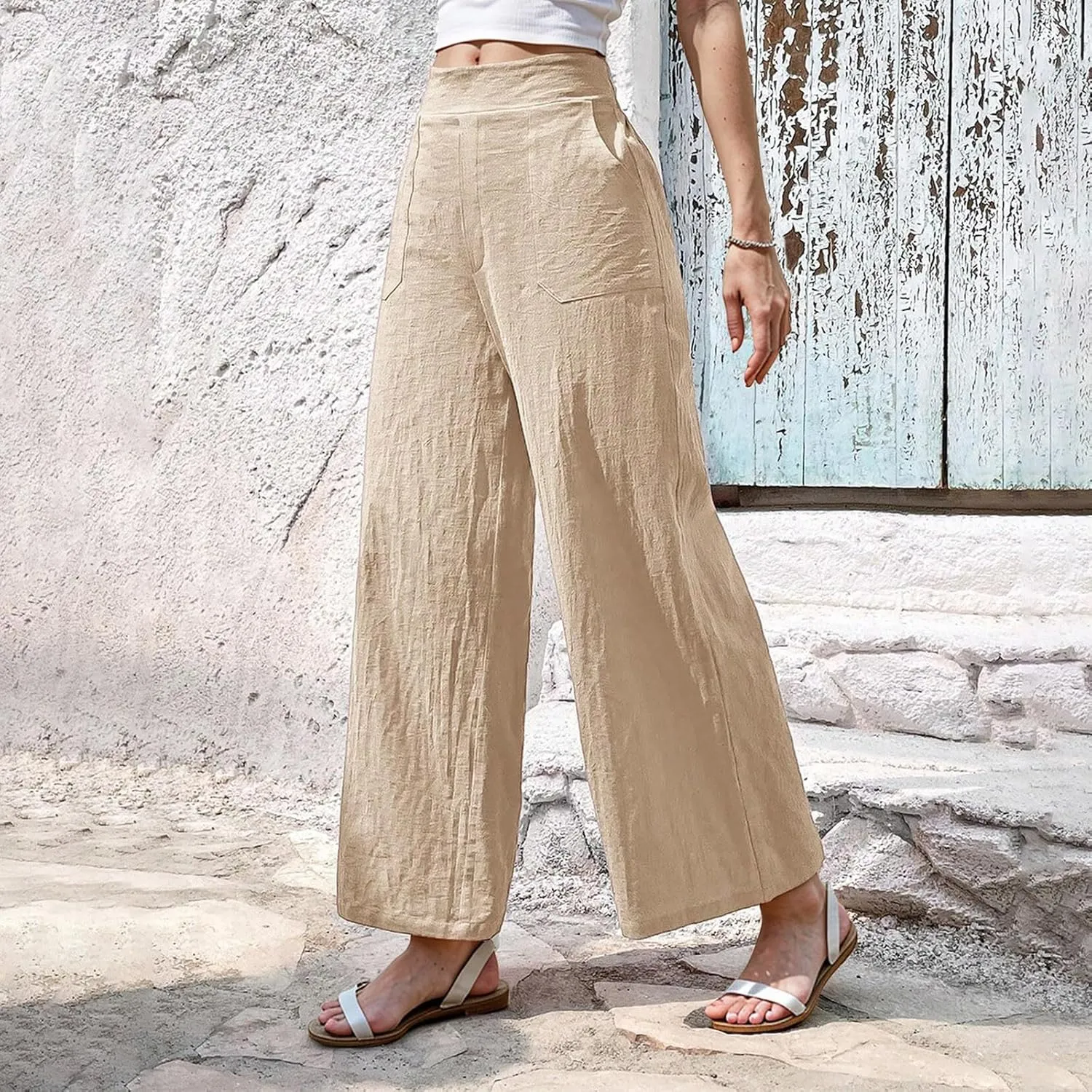 Womens Casual High Waisted Linen Pants Palazzo Lounge Beach Pants Travel Vacation Wide Leg Trousers with Pockets