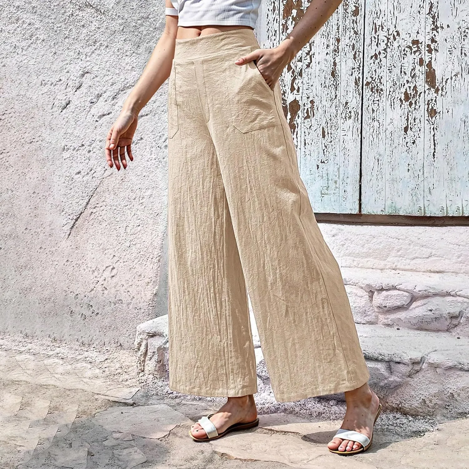 Womens Casual High Waisted Linen Pants Palazzo Lounge Beach Pants Travel Vacation Wide Leg Trousers with Pockets