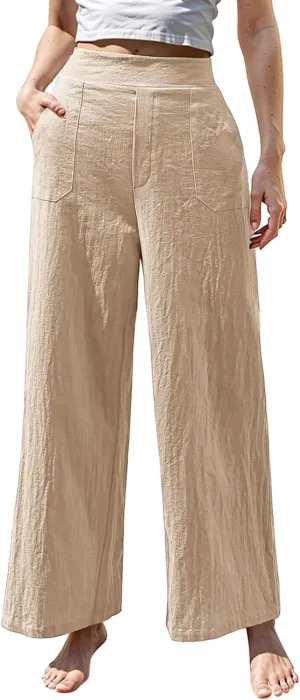 Womens Casual High Waisted Linen Pants Palazzo Lounge Beach Pants Travel Vacation Wide Leg Trousers with Pockets