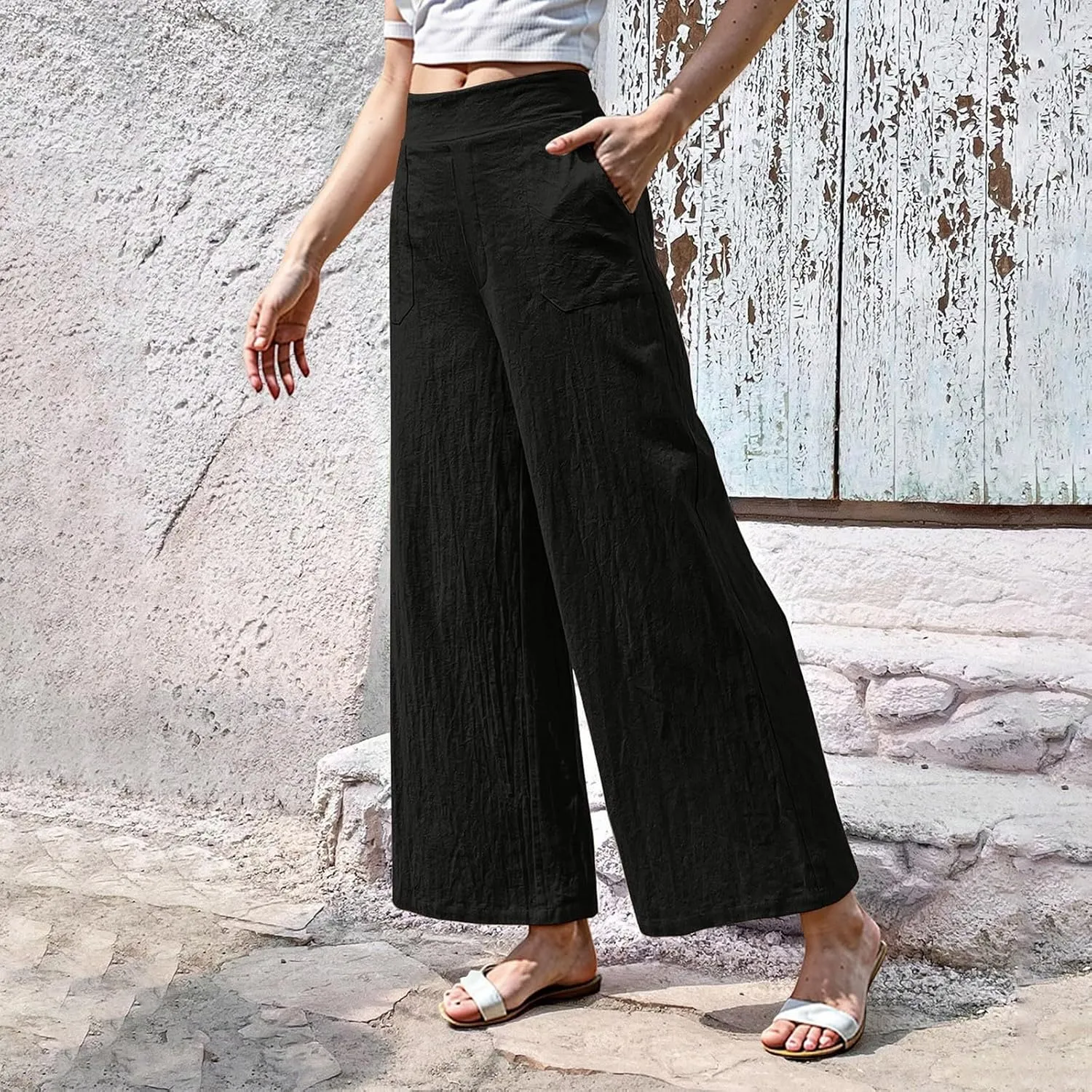 Womens Casual High Waisted Linen Pants Palazzo Lounge Beach Pants Travel Vacation Wide Leg Trousers with Pockets