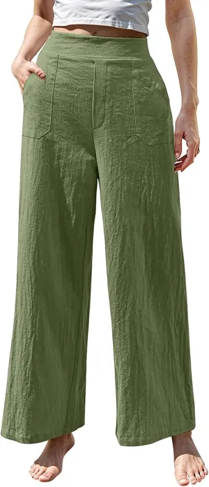 Womens Casual High Waisted Linen Pants Palazzo Lounge Beach Pants Travel Vacation Wide Leg Trousers with Pockets