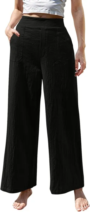 Womens Casual High Waisted Linen Pants Palazzo Lounge Beach Pants Travel Vacation Wide Leg Trousers with Pockets