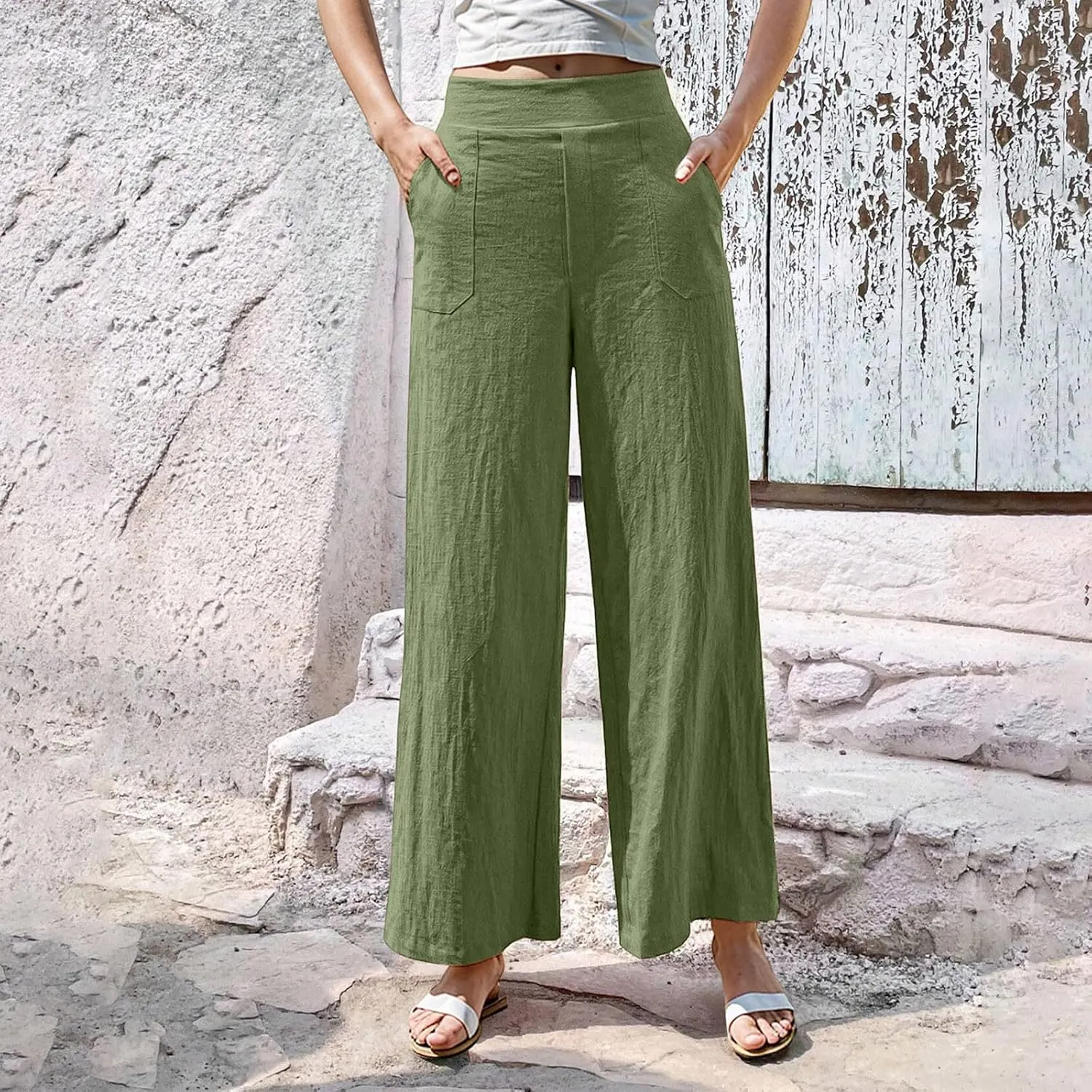 Womens Casual High Waisted Linen Pants Palazzo Lounge Beach Pants Travel Vacation Wide Leg Trousers with Pockets