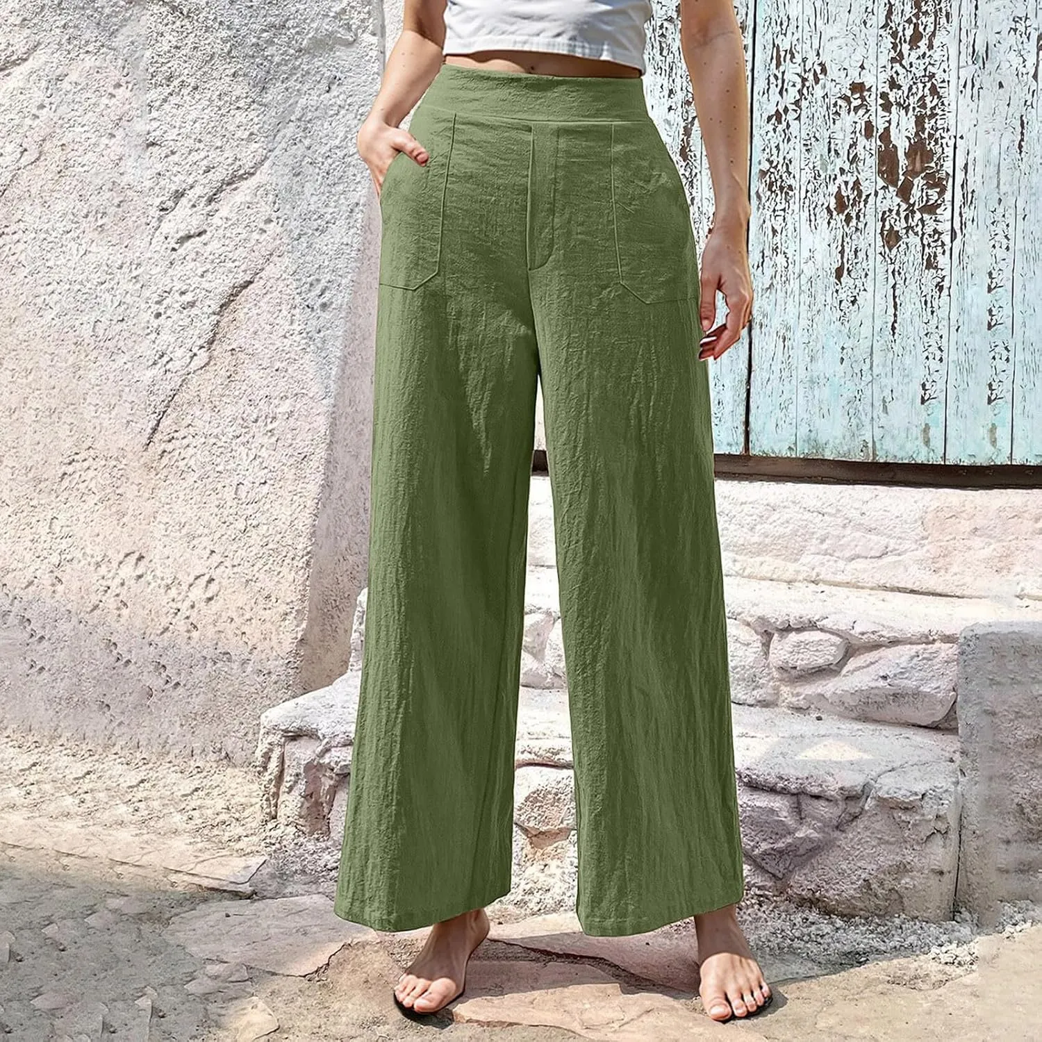Womens Casual High Waisted Linen Pants Palazzo Lounge Beach Pants Travel Vacation Wide Leg Trousers with Pockets