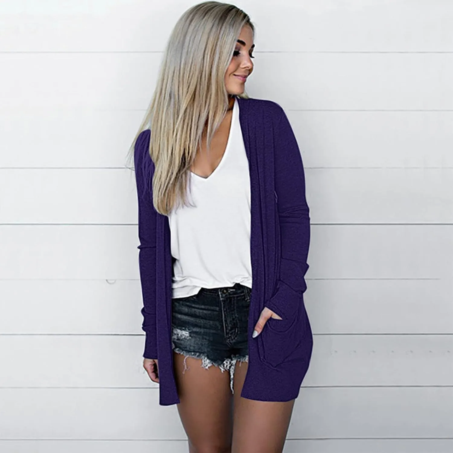Women's Casual Open Front Cardigan Long Sweaters Plus Size Solid Color Long Sleeve Sweaters Outwear Coat with Pockets