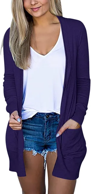 Women's Casual Open Front Cardigan Long Sweaters Plus Size Solid Color Long Sleeve Sweaters Outwear Coat with Pockets