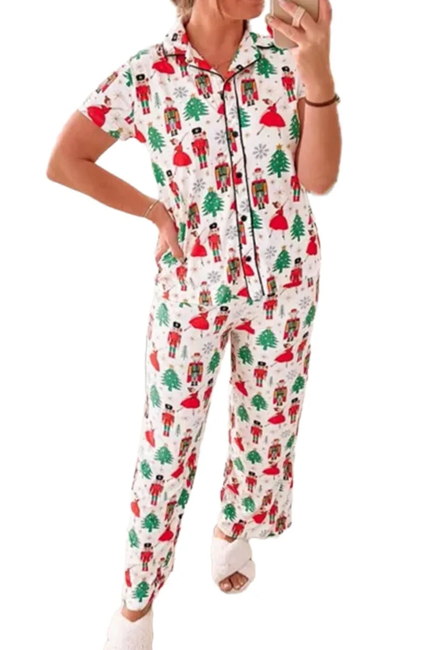 Women's Christmas Pattern Buttoned Two Piece Long Sleeve Sleepwear Pajamas
