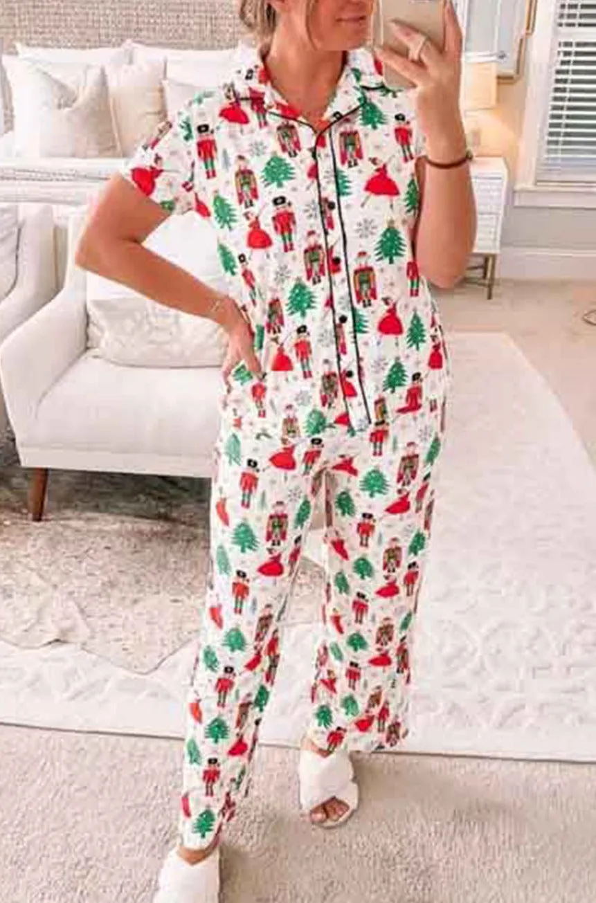 Women's Christmas Pattern Buttoned Two Piece Long Sleeve Sleepwear Pajamas