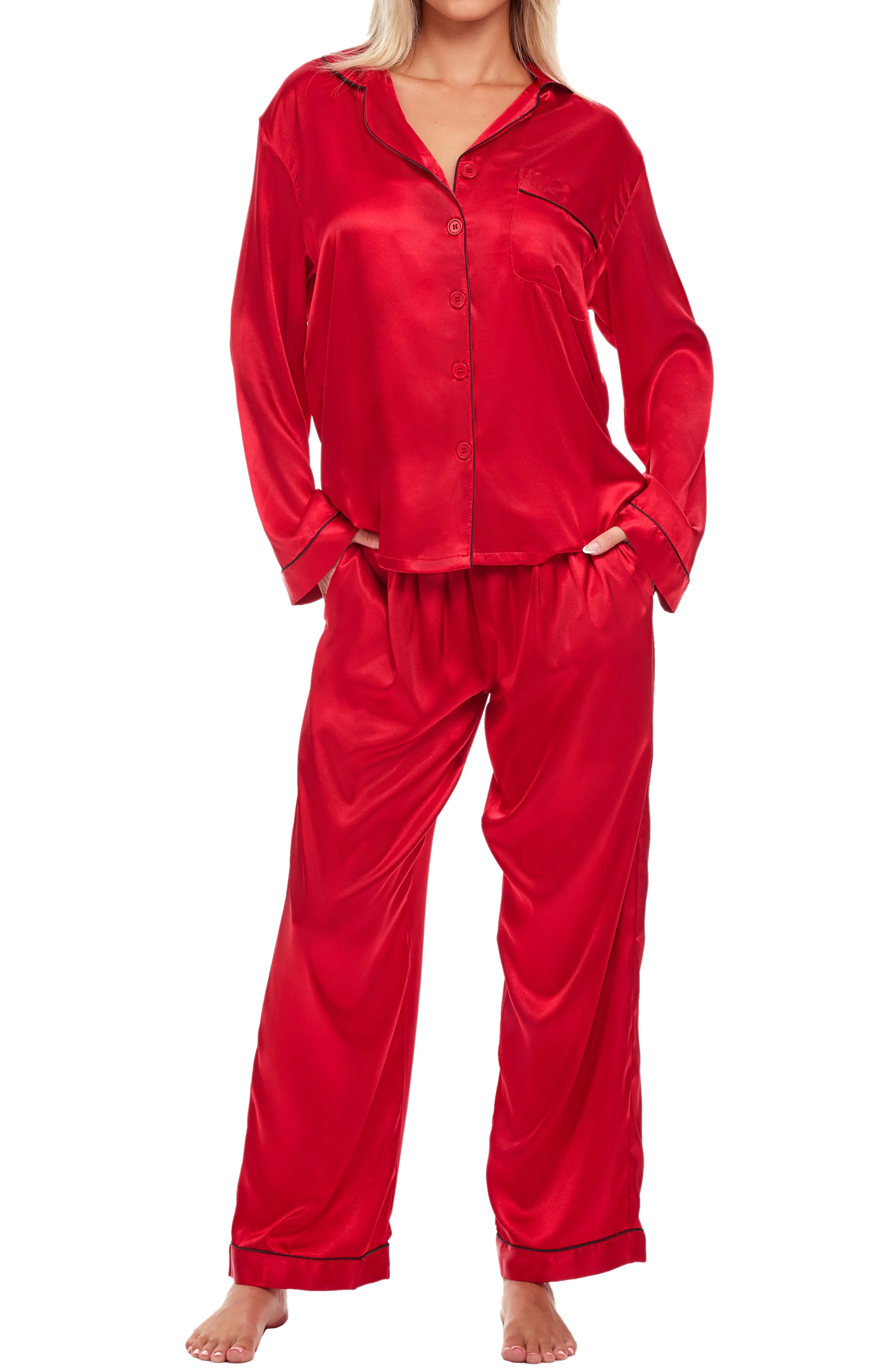 Women's Classic Satin Pajamas with Pockets, PJ and Matching Sleep Mask