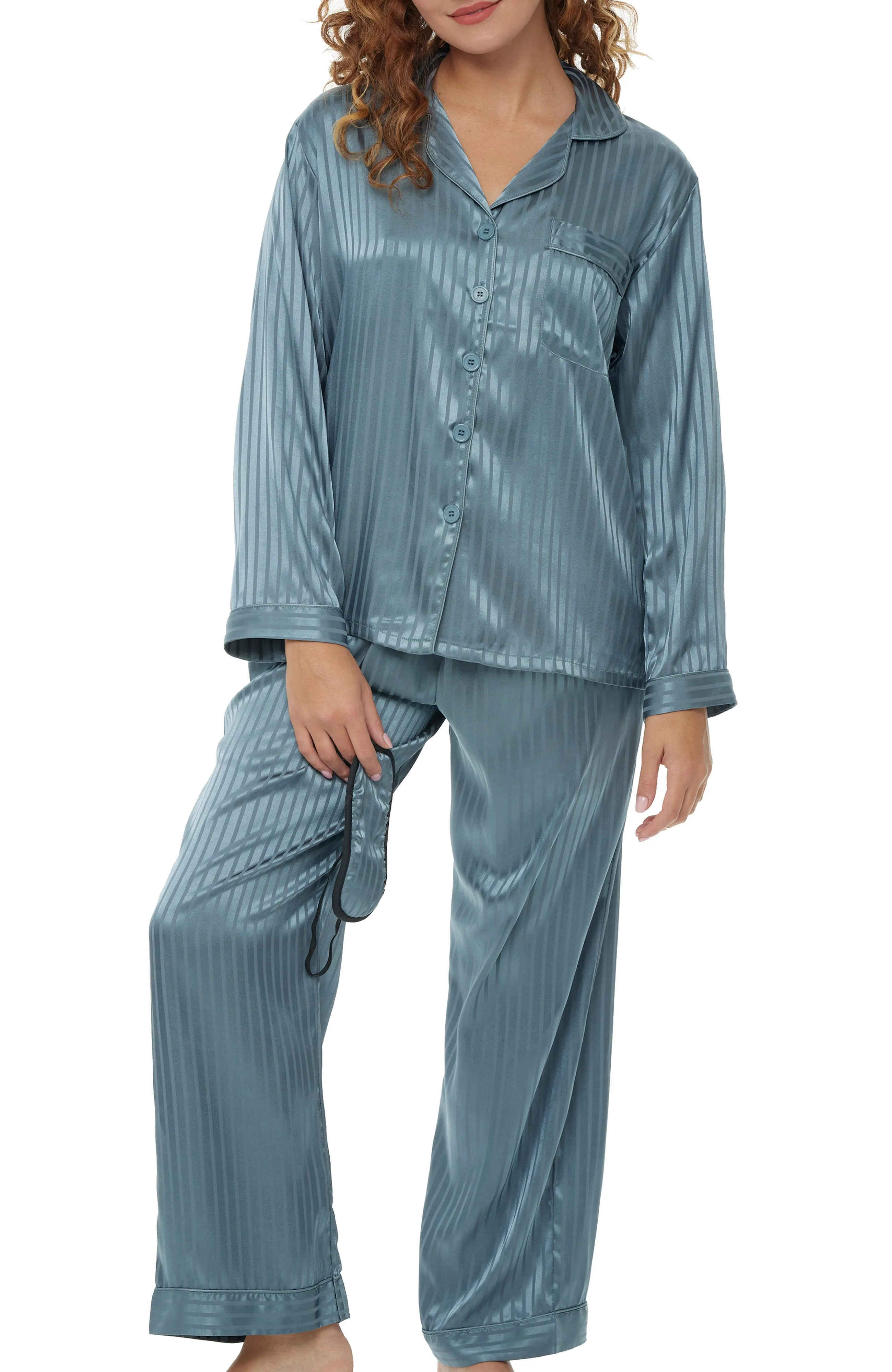 Women's Classic Satin Pajamas with Pockets, PJ and Matching Sleep Mask