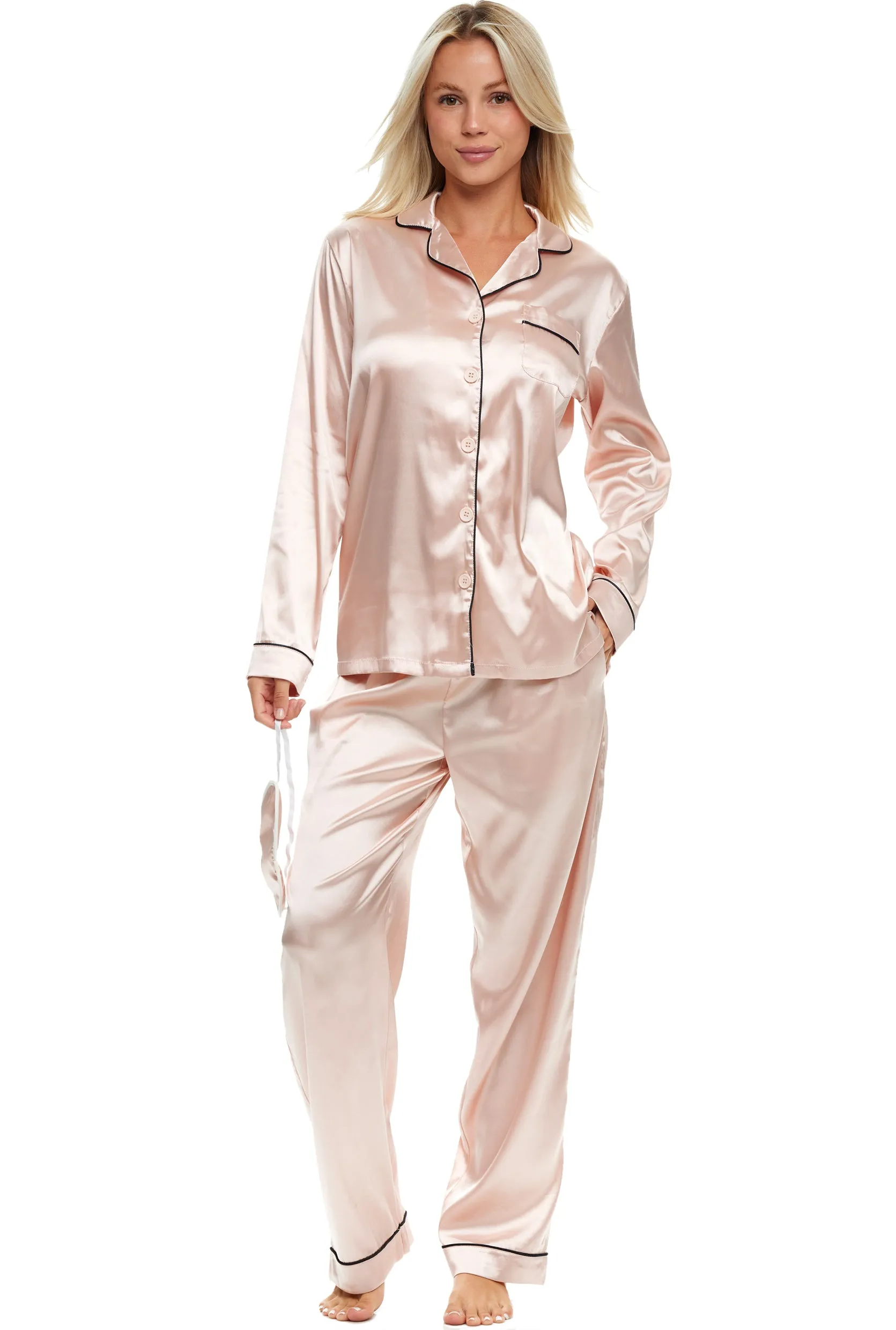 Women's Classic Satin Pajamas with Pockets, PJ and Matching Sleep Mask