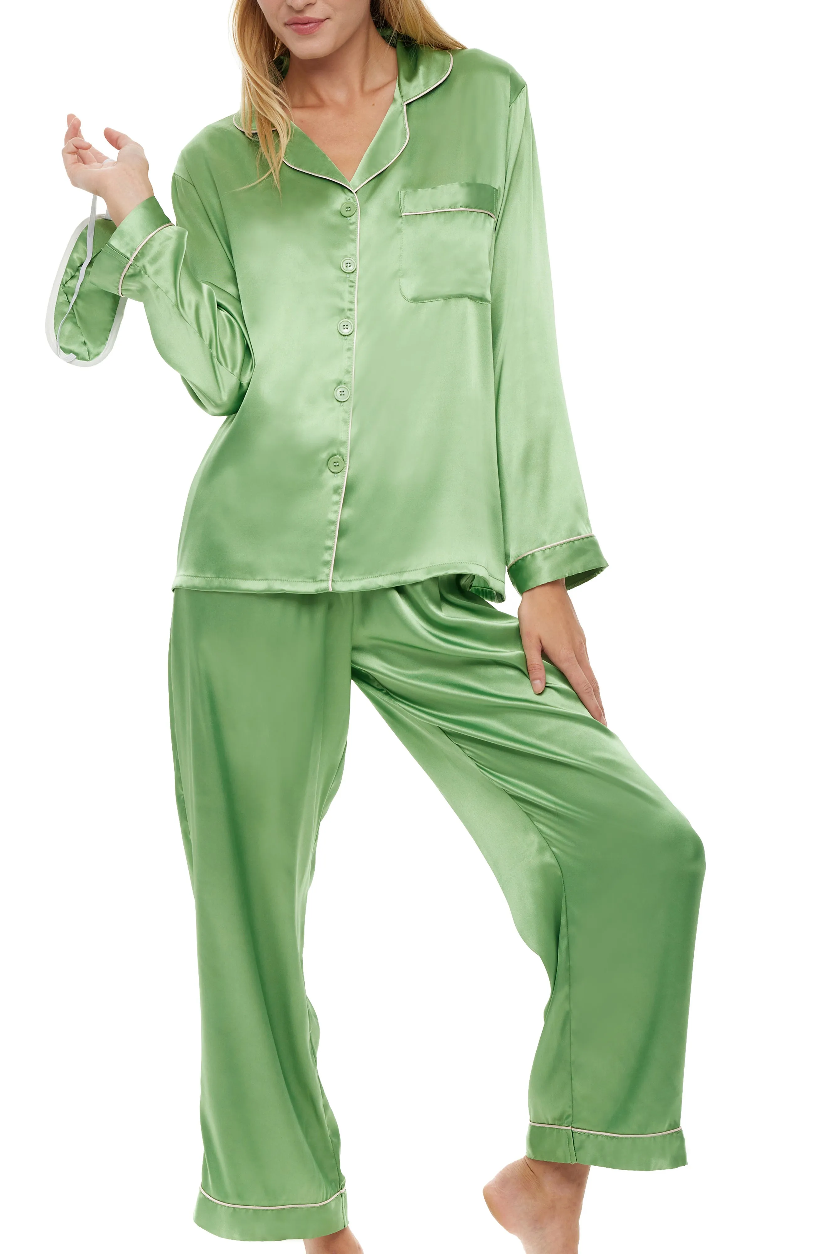 Women's Classic Satin Pajamas with Pockets, PJ and Matching Sleep Mask