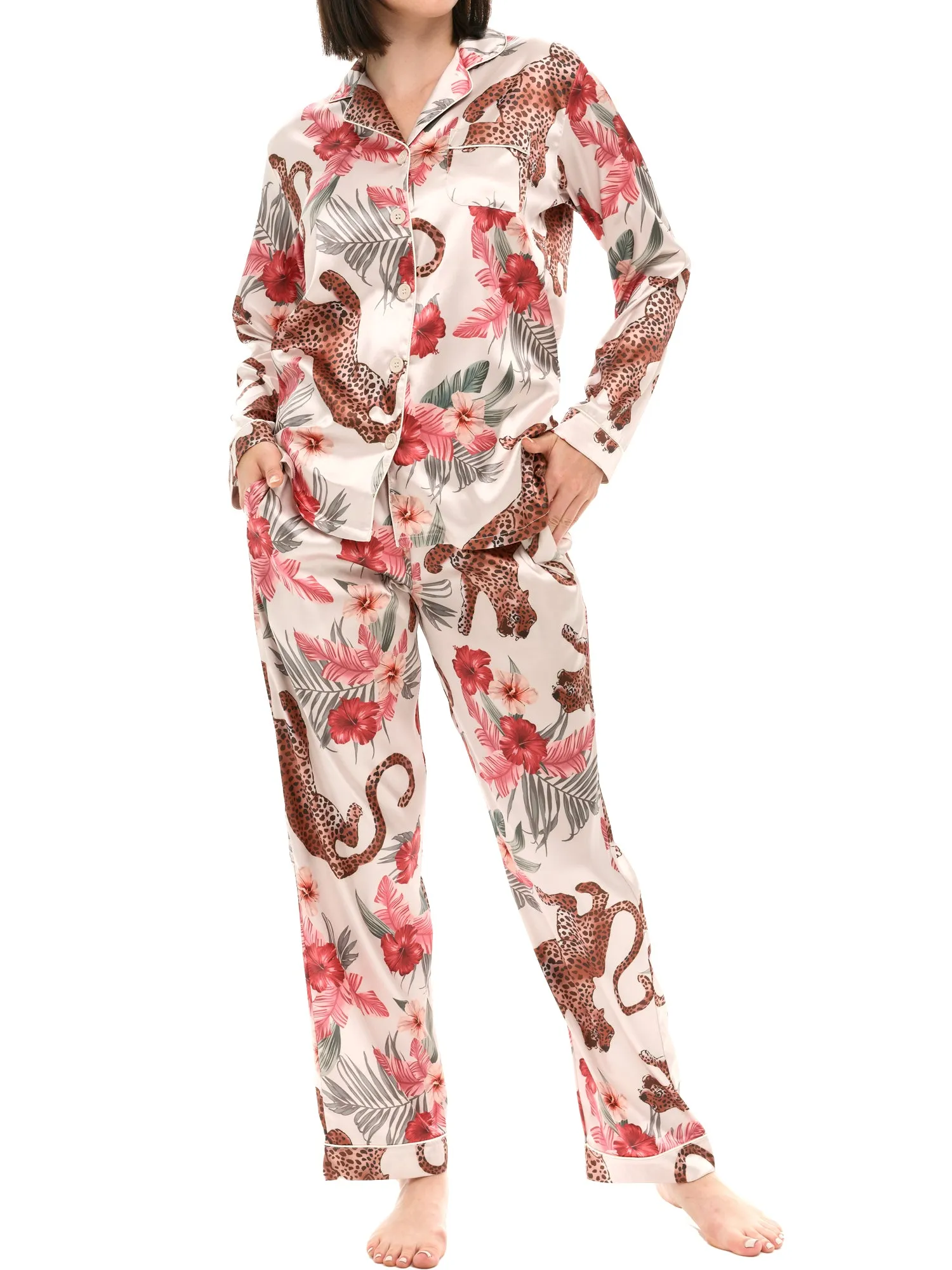 Women's Classic Satin Pajamas with Pockets, PJ and Matching Sleep Mask