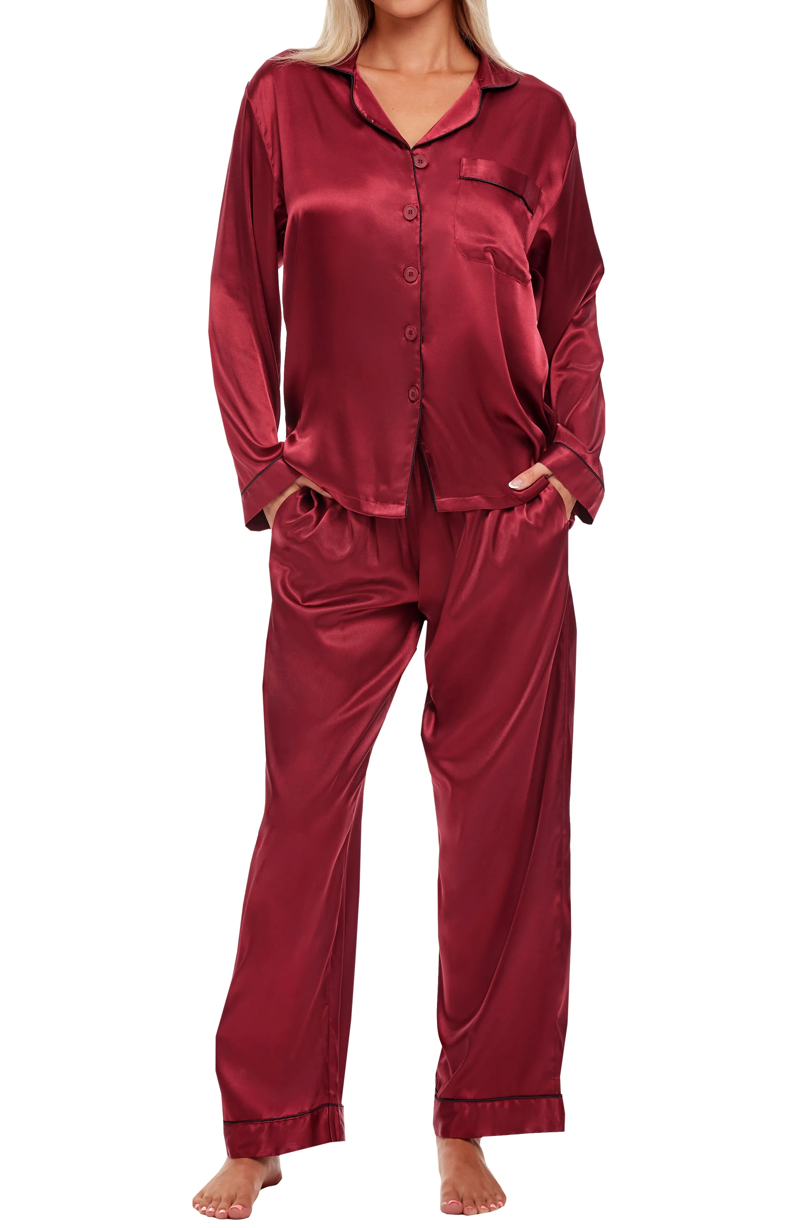 Women's Classic Satin Pajamas with Pockets, PJ and Matching Sleep Mask