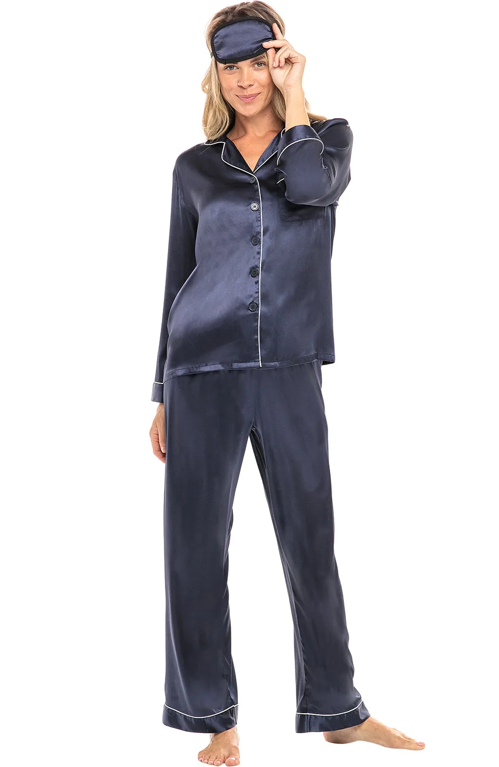 Women's Classic Satin Pajamas with Pockets, PJ and Matching Sleep Mask