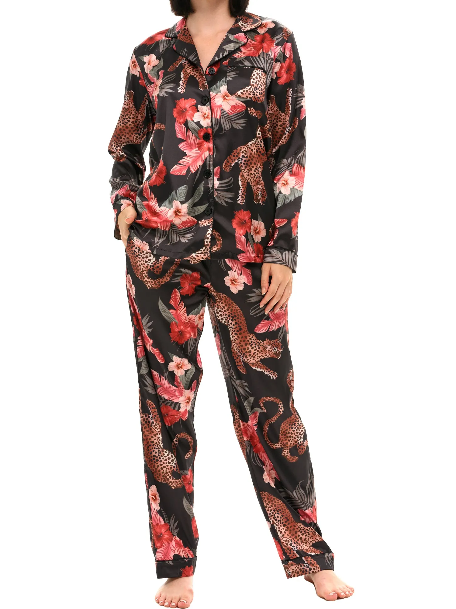 Women's Classic Satin Pajamas with Pockets, PJ and Matching Sleep Mask