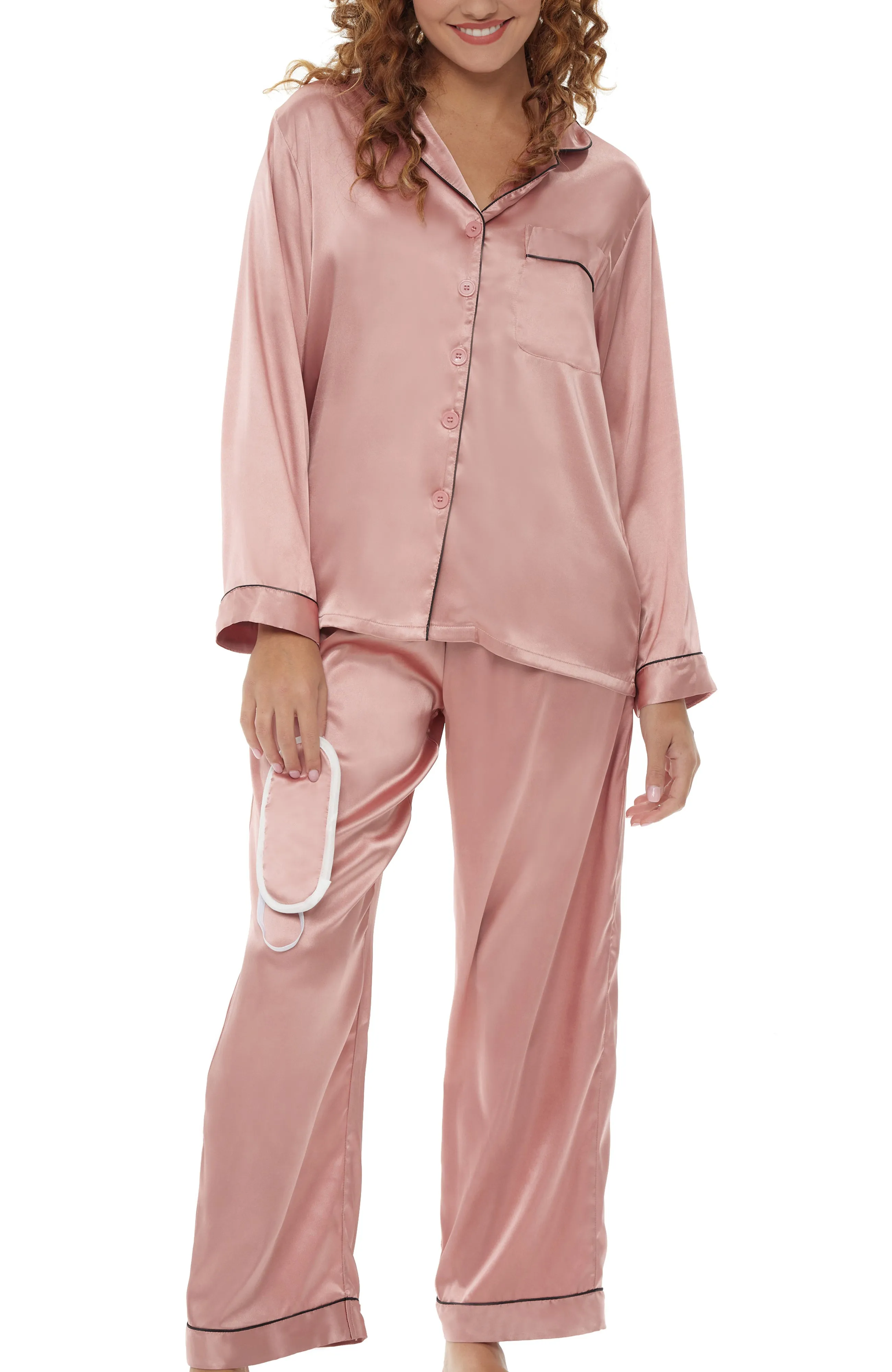 Women's Classic Satin Pajamas with Pockets, PJ and Matching Sleep Mask