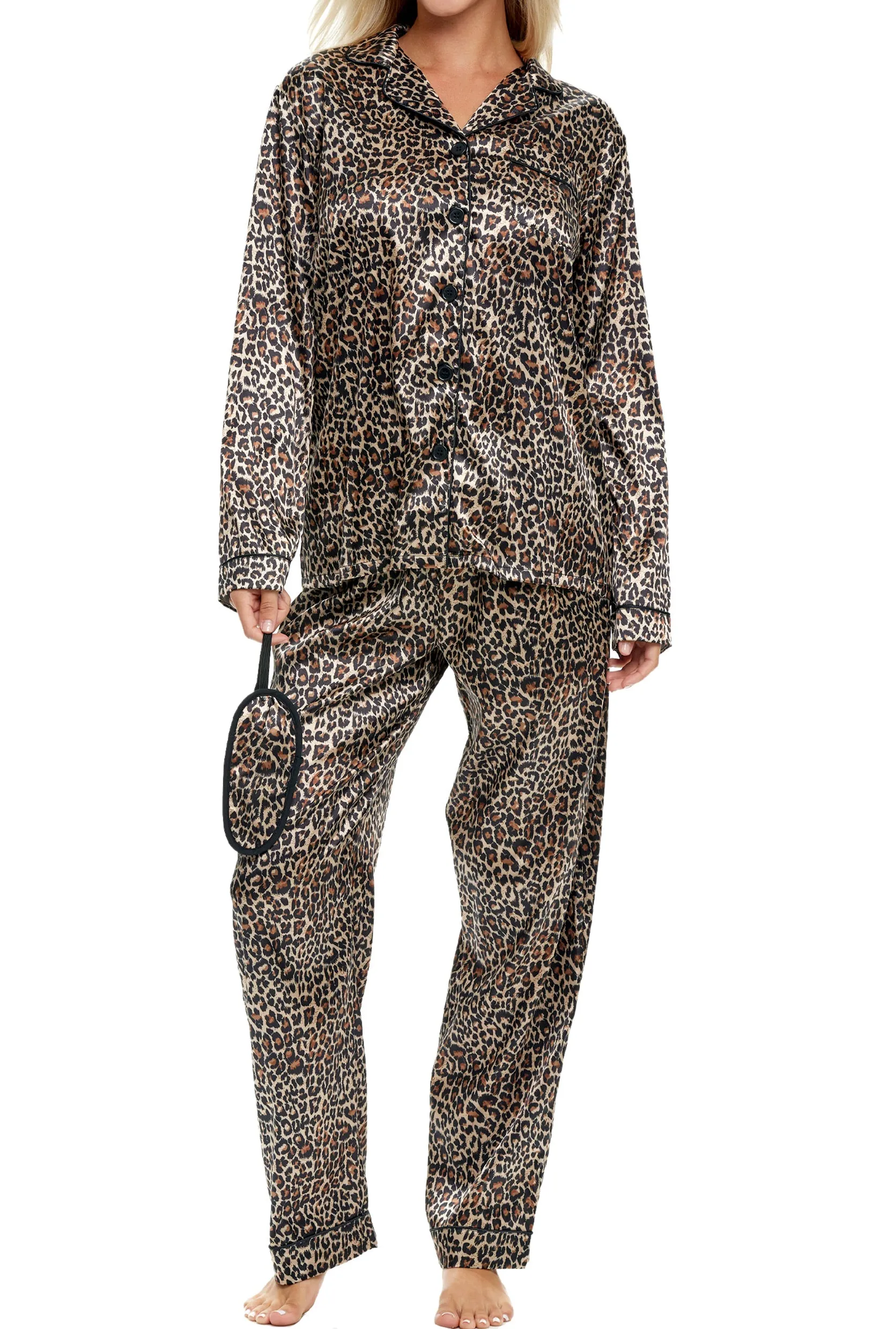 Women's Classic Satin Pajamas with Pockets, PJ and Matching Sleep Mask