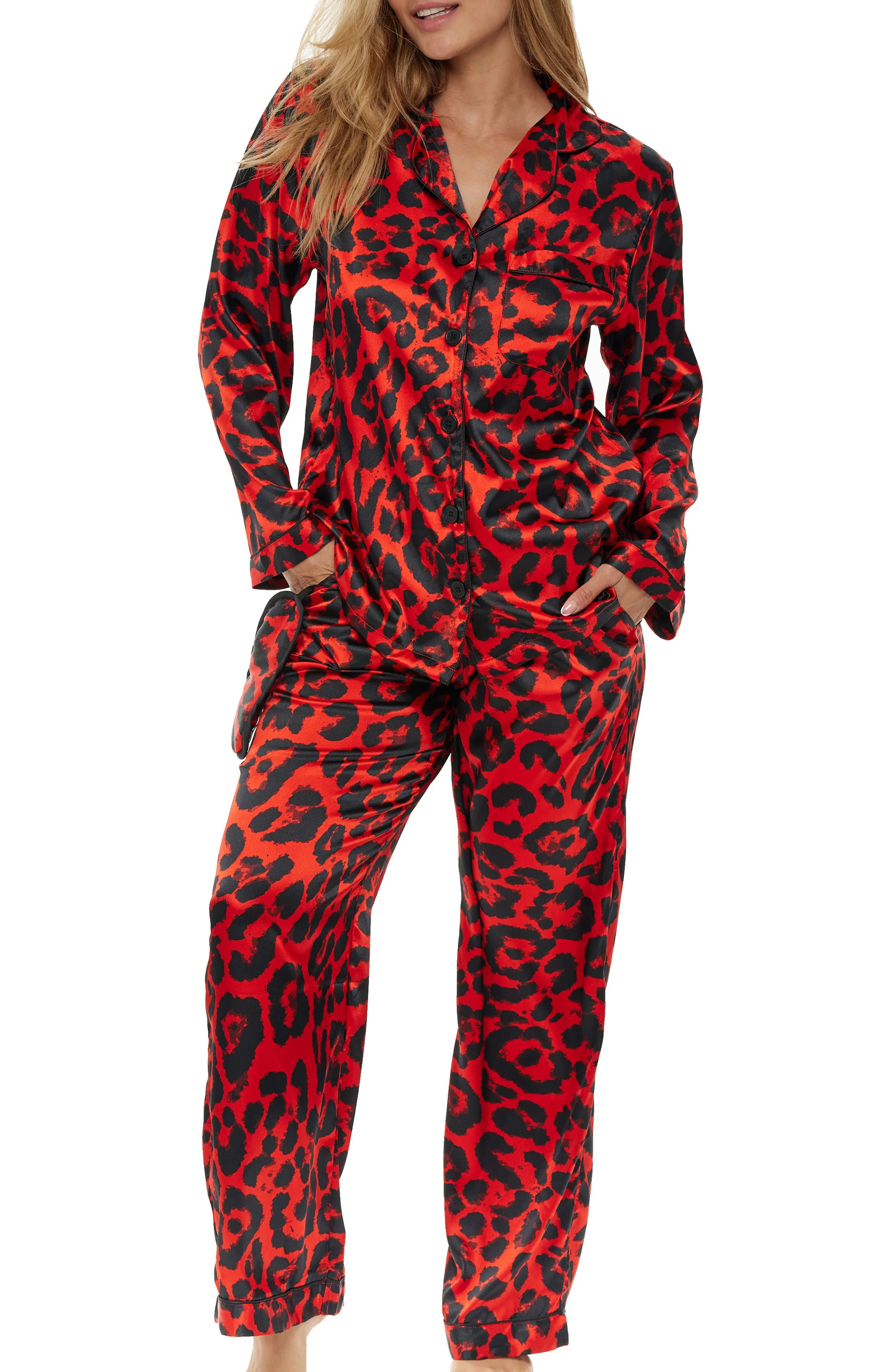 Women's Classic Satin Pajamas with Pockets, PJ and Matching Sleep Mask