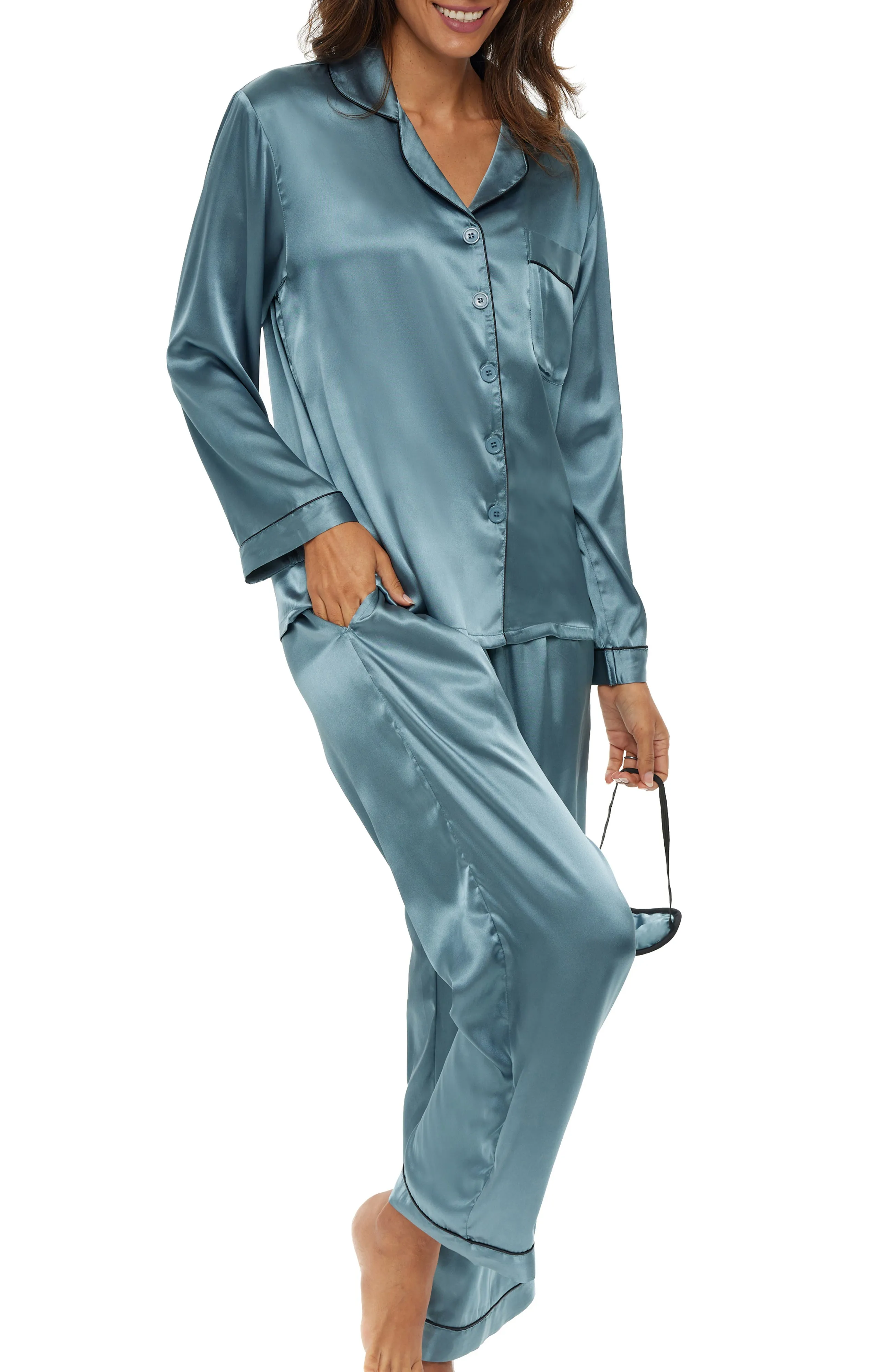 Women's Classic Satin Pajamas with Pockets, PJ and Matching Sleep Mask