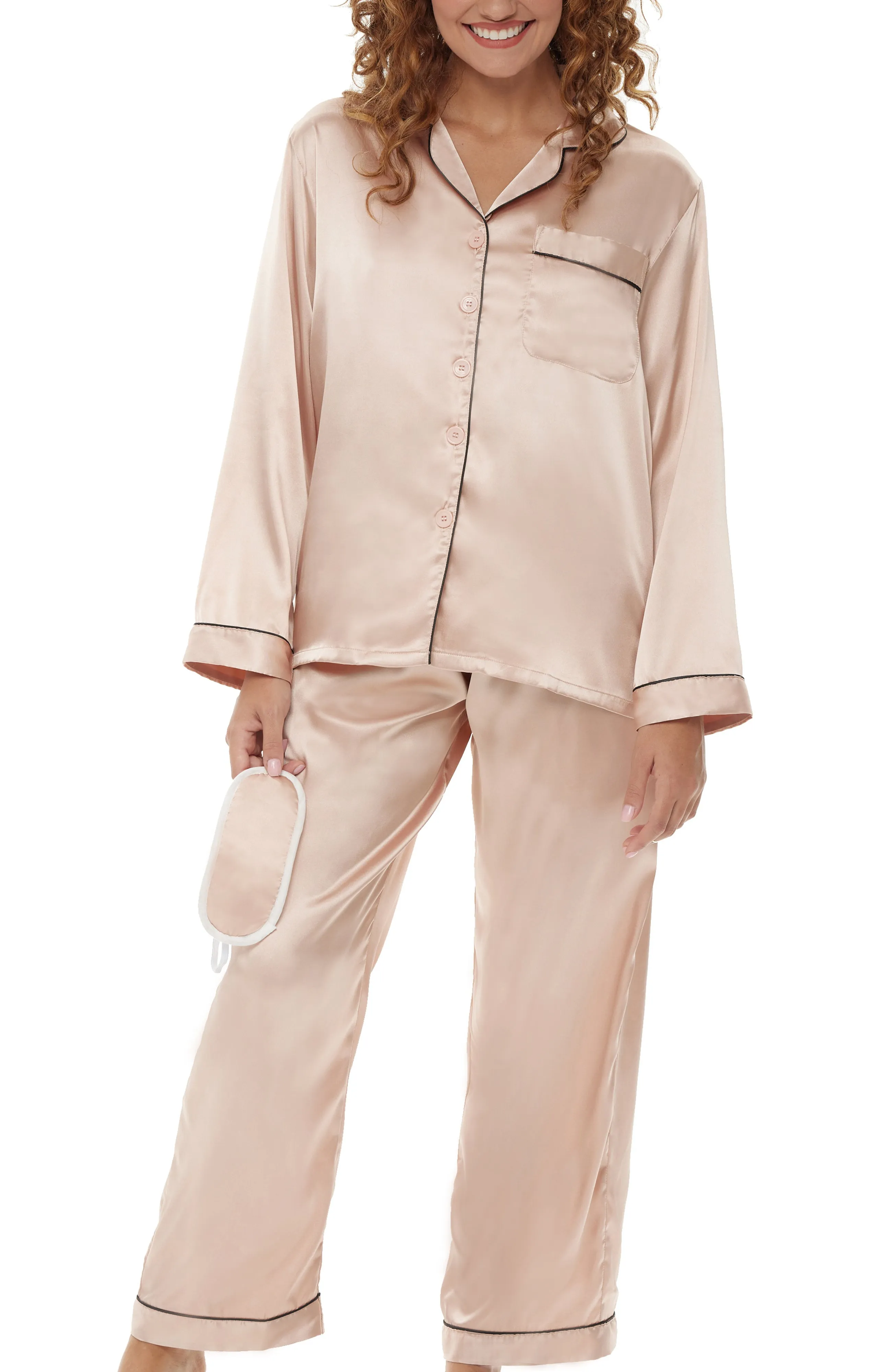 Women's Classic Satin Pajamas with Pockets, PJ and Matching Sleep Mask