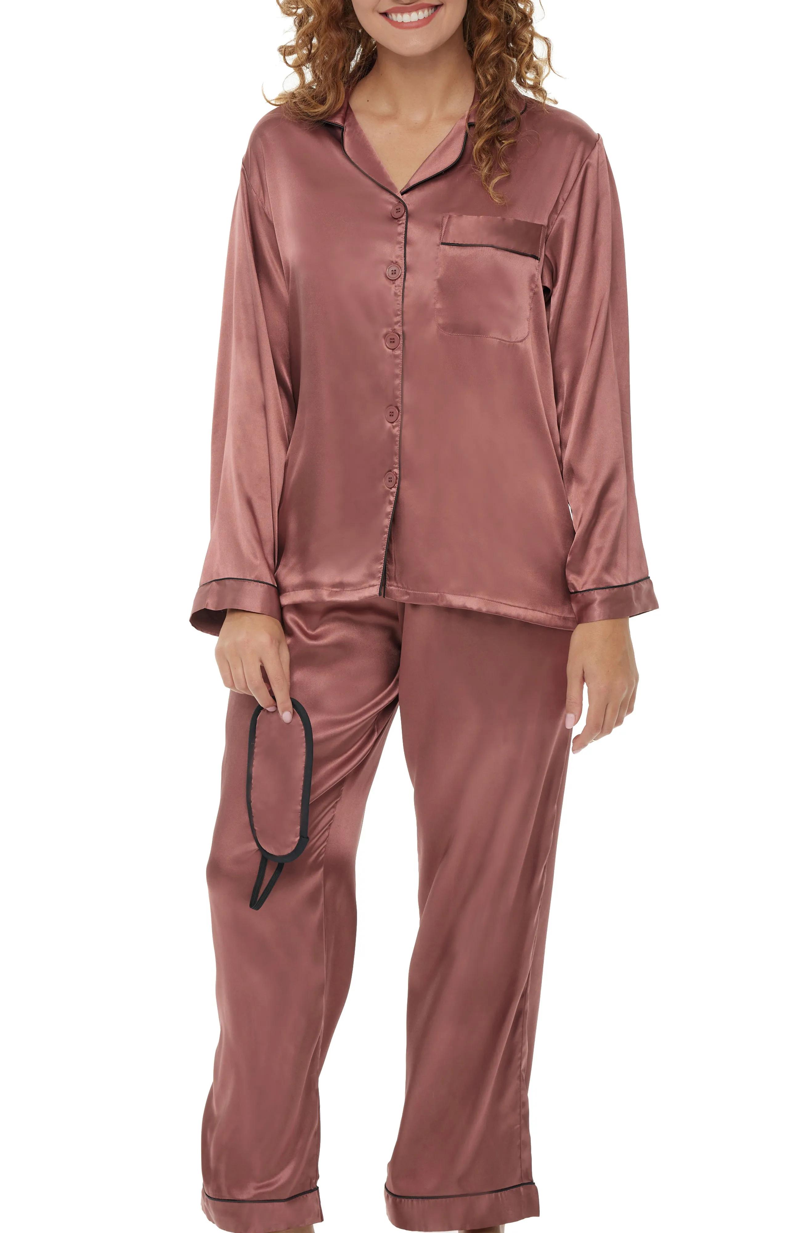 Women's Classic Satin Pajamas with Pockets, PJ and Matching Sleep Mask