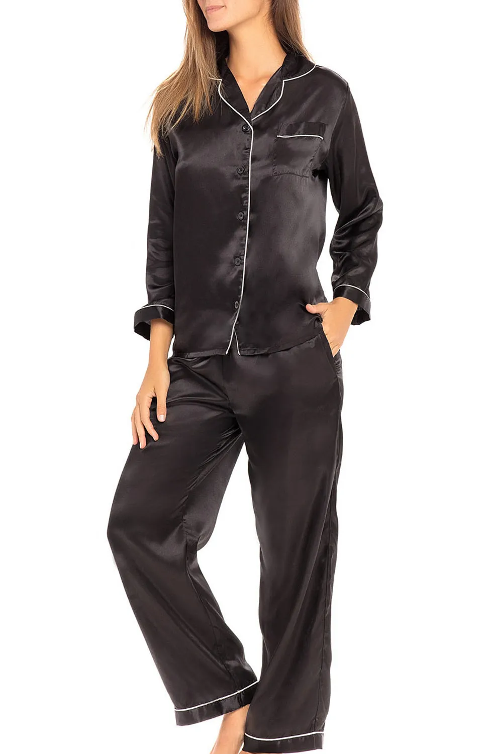 Women's Classic Satin Pajamas with Pockets, PJ and Matching Sleep Mask