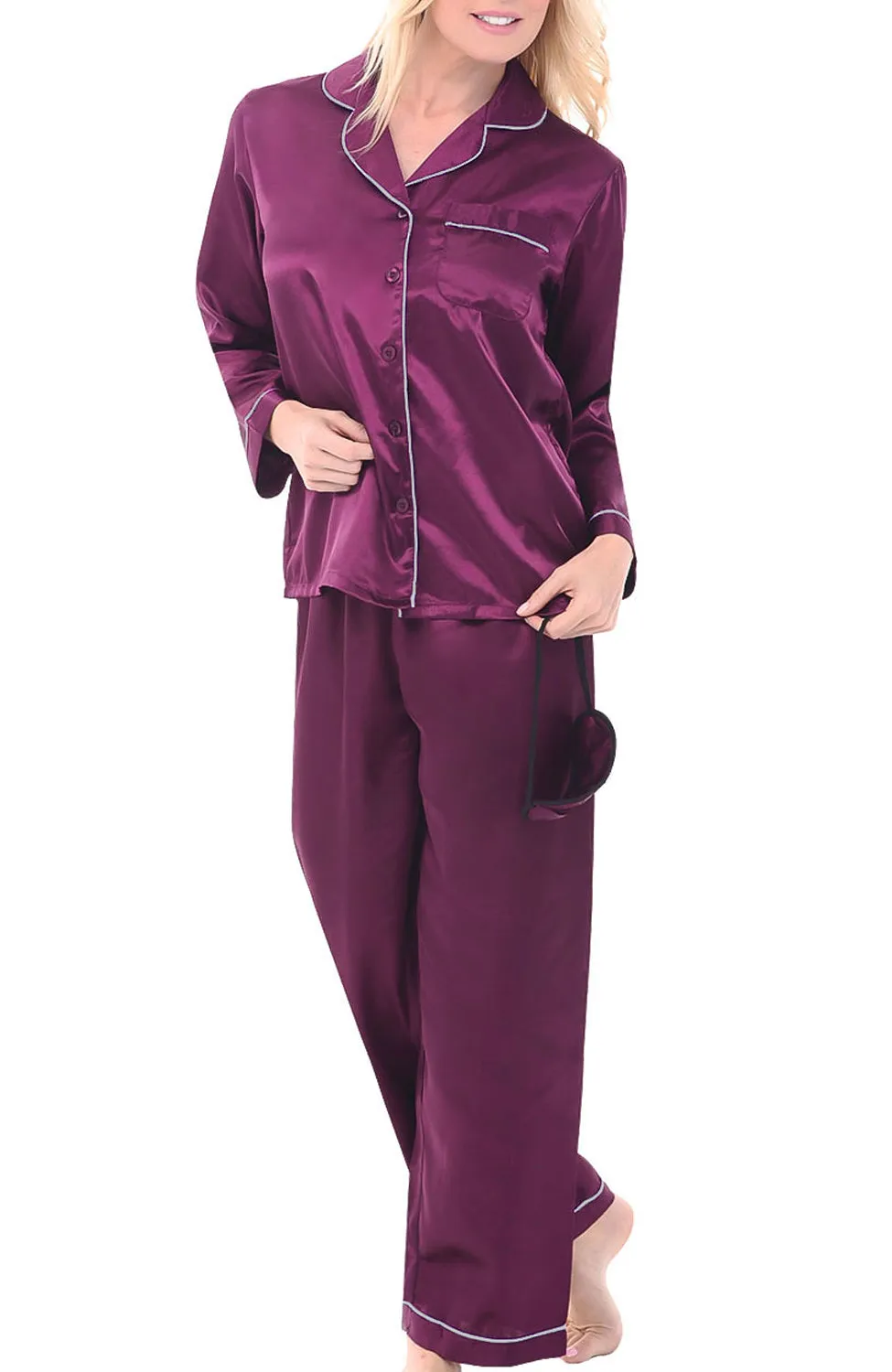 Women's Classic Satin Pajamas with Pockets, PJ and Matching Sleep Mask