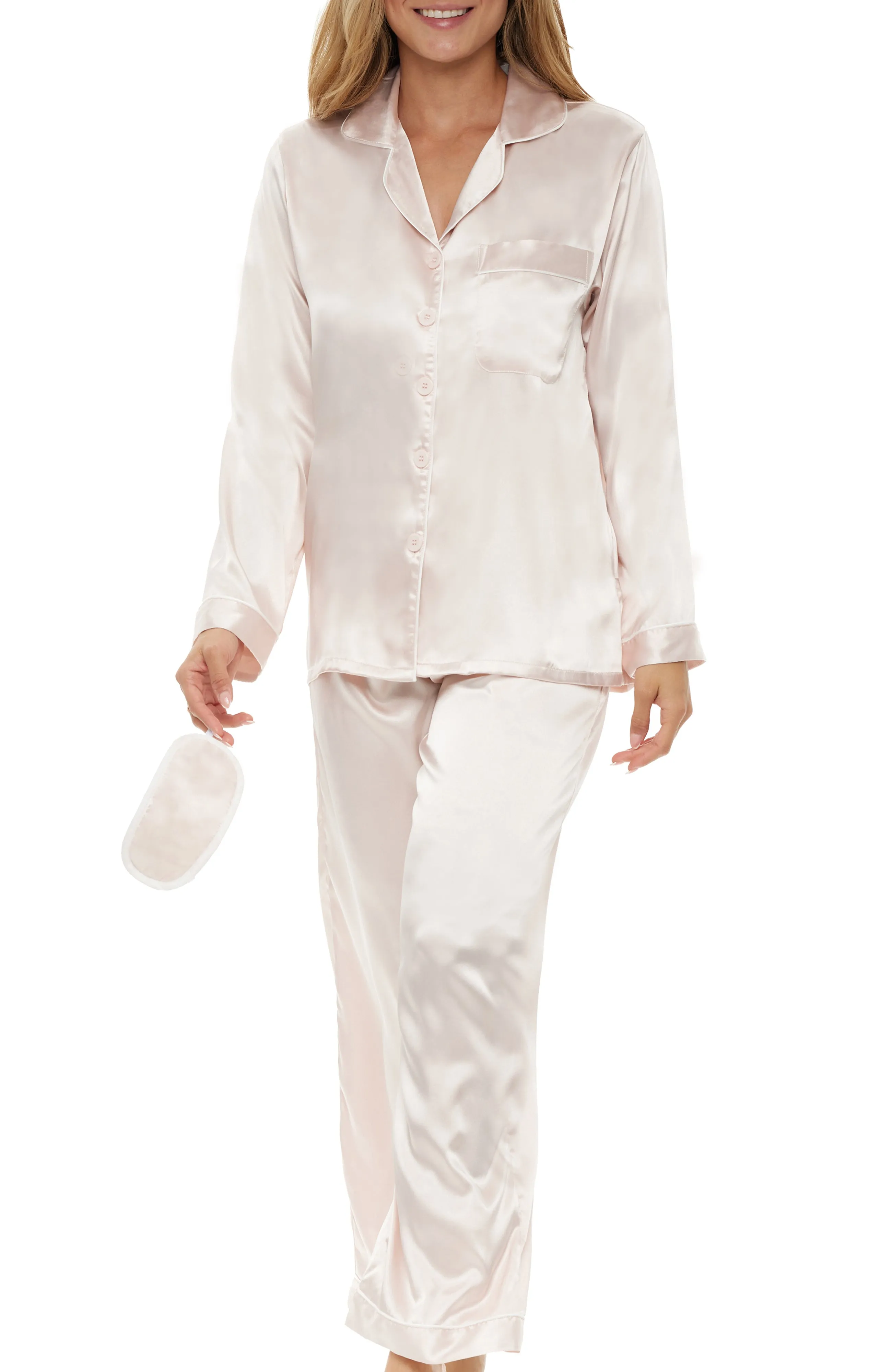 Women's Classic Satin Pajamas with Pockets, PJ and Matching Sleep Mask