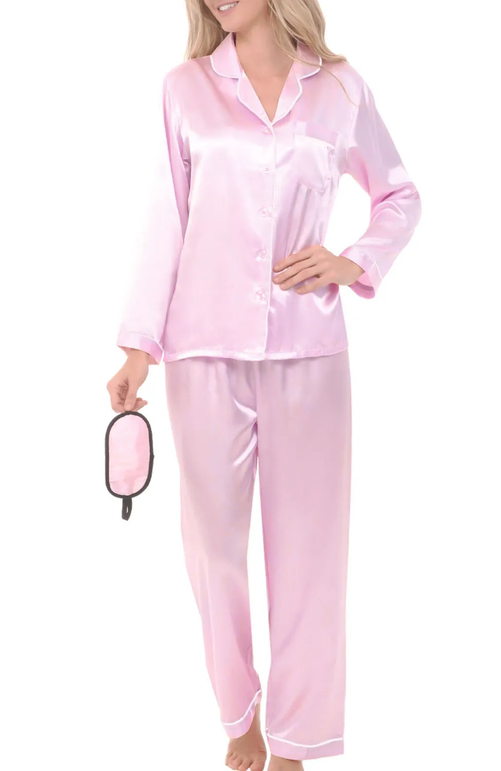 Women's Classic Satin Pajamas with Pockets, PJ and Matching Sleep Mask