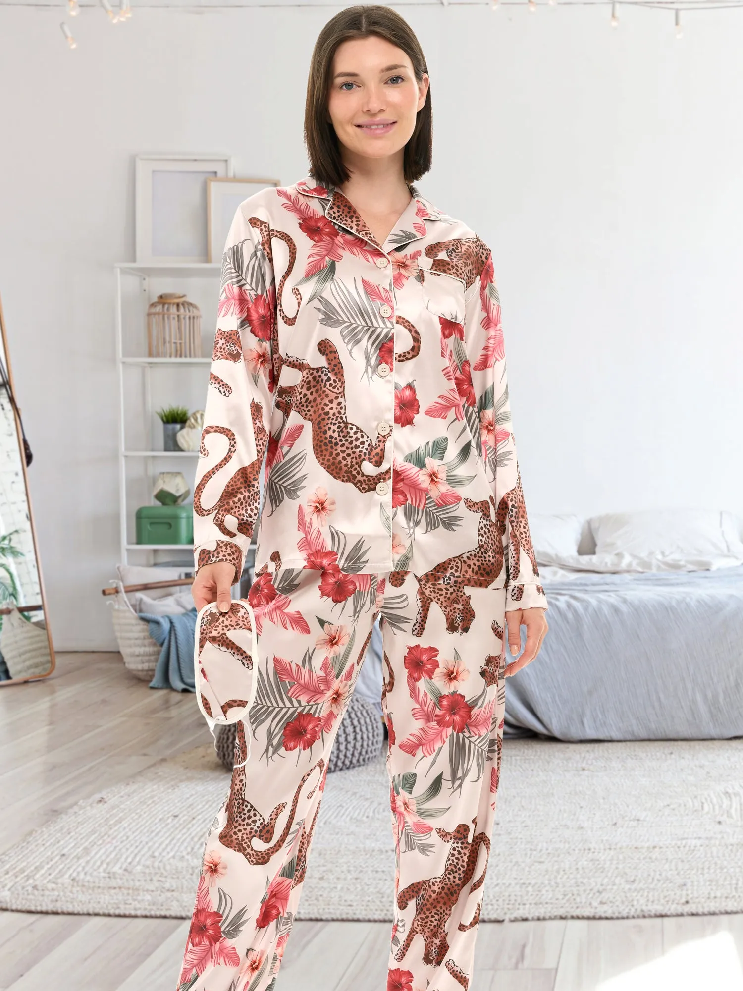 Women's Classic Satin Pajamas with Pockets, PJ and Matching Sleep Mask