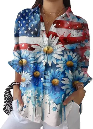 Women's Cotton and Linen Independence Day American Flag Floral Print Shirt