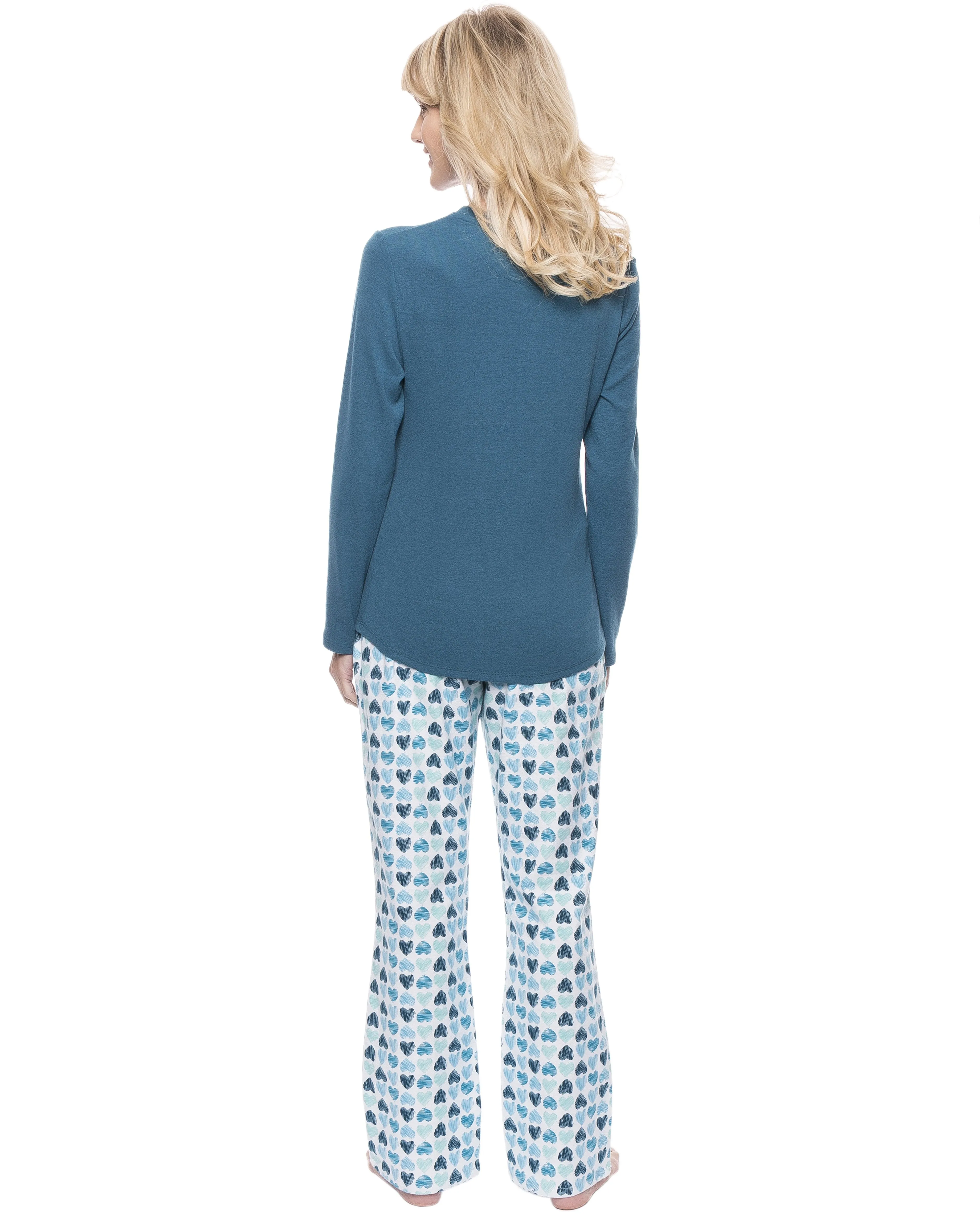Womens Cotton Flannel Lounge Set with Henley Top - Scribbled Hearts White/Blue