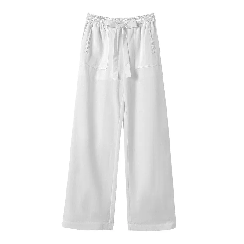 Womens Cotton Linen Pants Wide Leg High Waisted Drawstring Summer Beach Pants with Pockets