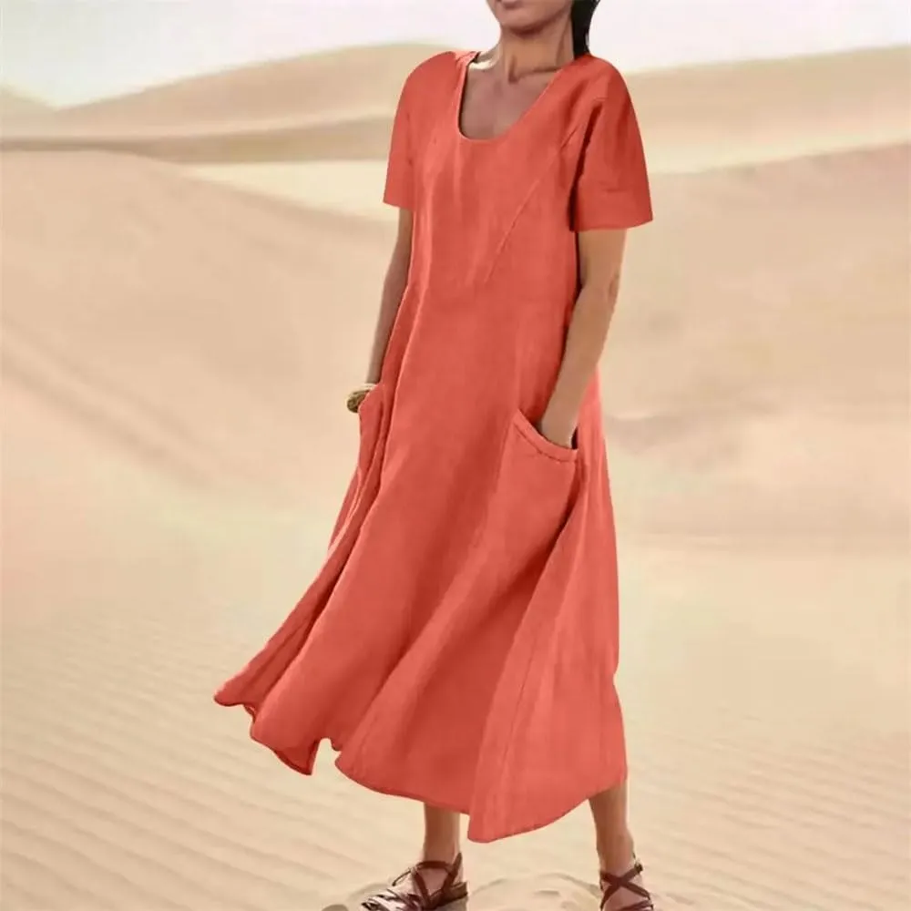 Women's Cotton Linen Short Sleeve Round Neck Dress Summer Short Sleeve Loose Flowy Dress