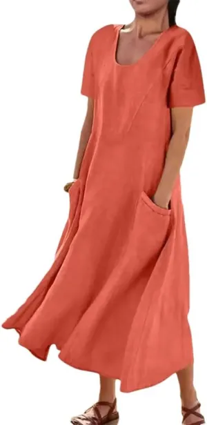 Women's Cotton Linen Short Sleeve Round Neck Dress Summer Short Sleeve Loose Flowy Dress