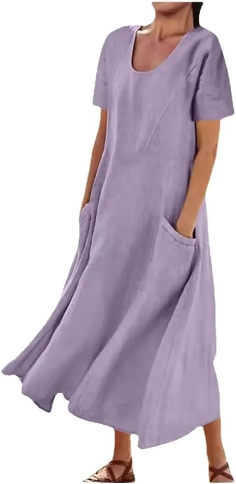 Women's Cotton Linen Short Sleeve Round Neck Dress Summer Short Sleeve Loose Flowy Dress