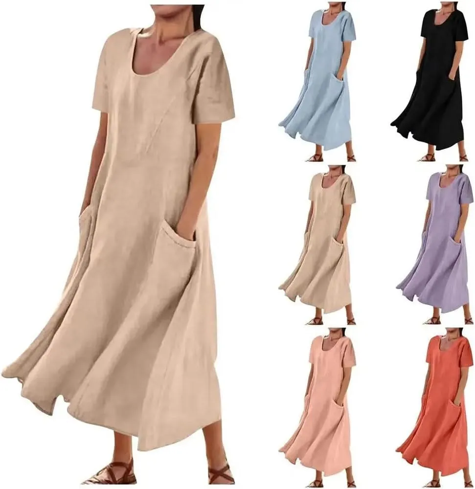 Women's Cotton Linen Short Sleeve Round Neck Dress Summer Short Sleeve Loose Flowy Dress