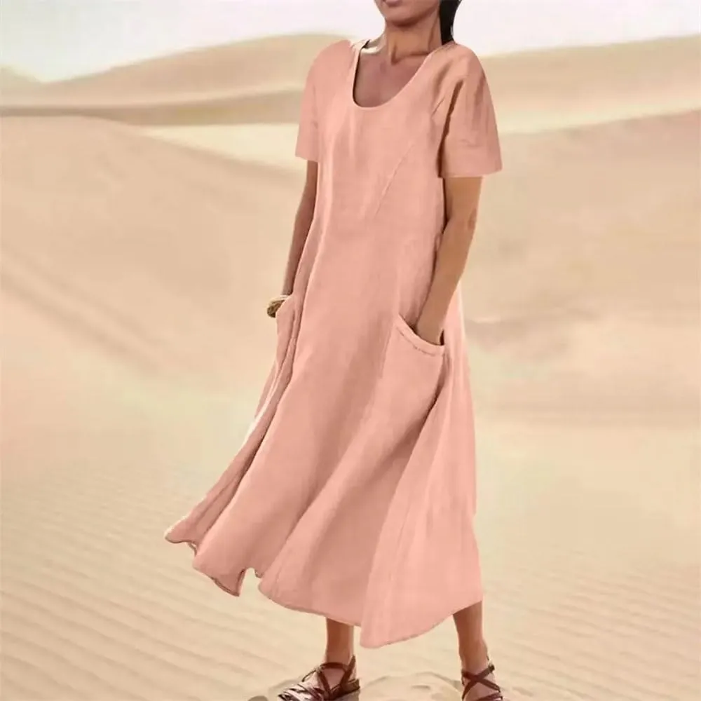 Women's Cotton Linen Short Sleeve Round Neck Dress Summer Short Sleeve Loose Flowy Dress