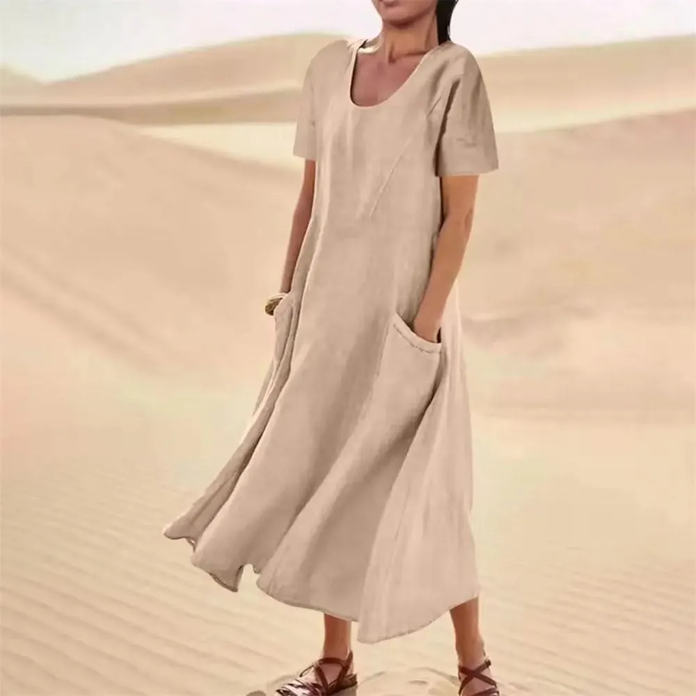 Women's Cotton Linen Short Sleeve Round Neck Dress Summer Short Sleeve Loose Flowy Dress