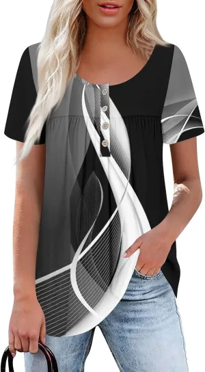 Womens Crewneck Short Sleeve Tops 2025 Boho Floral Prints Trendy Tshirts Business Casual Basic Tee Loose Blouse