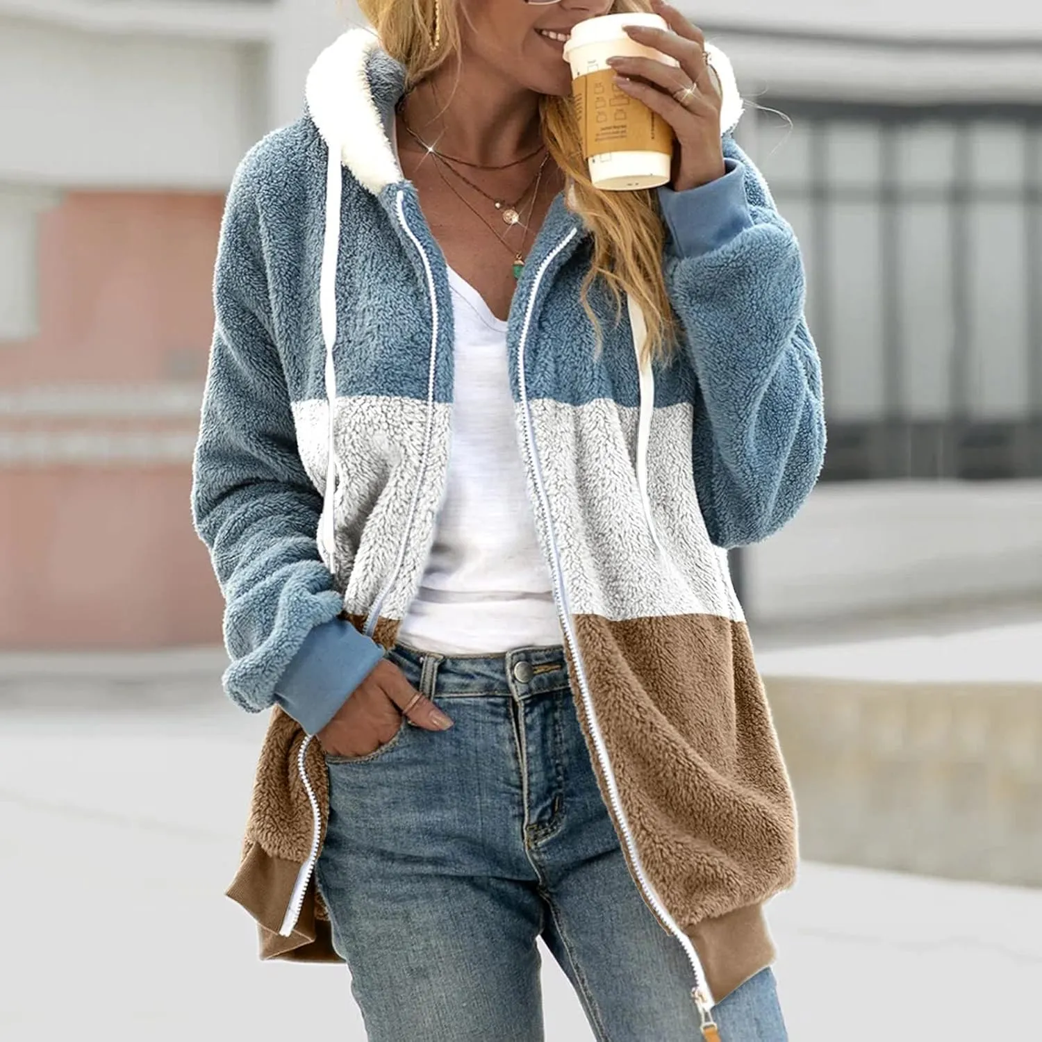 Womens Cute Bear Ear Sherpa Fleece Lined Hoodie Jackets Zip Up Sherpa Lined Warm Oversized Fluffy Coat Plush Flannel