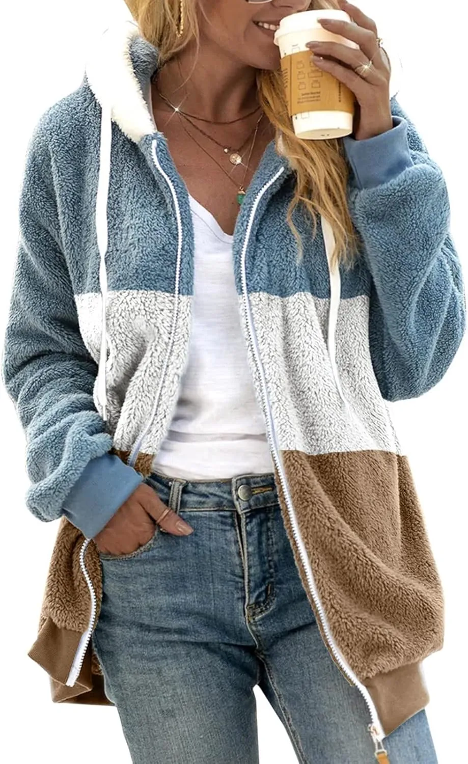 Womens Cute Bear Ear Sherpa Fleece Lined Hoodie Jackets Zip Up Sherpa Lined Warm Oversized Fluffy Coat Plush Flannel