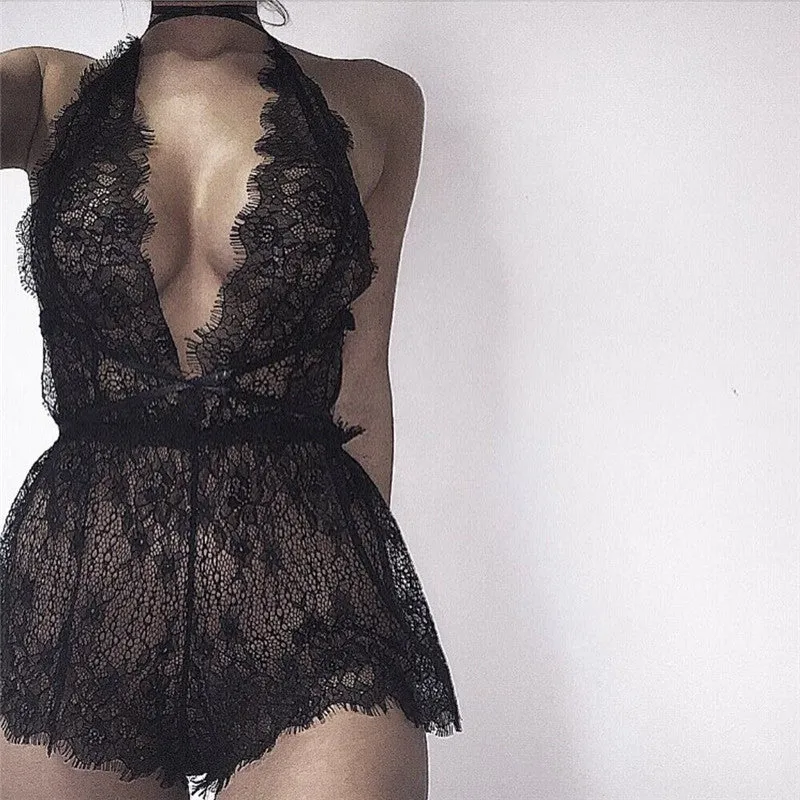 Women's Deep V-Neck Nightdress | Black Lace Nightgown