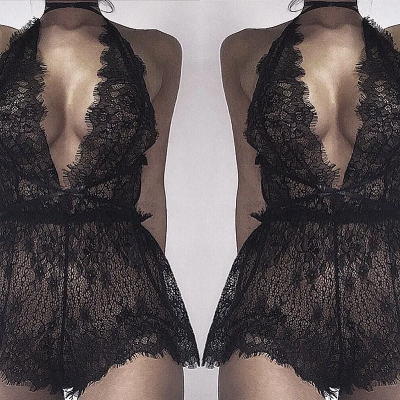 Women's Deep V-Neck Nightdress | Black Lace Nightgown