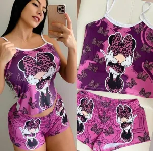 Women's fashion sexy camisole cartoon pattern set two-piece for women gym set pajamas L S3203841