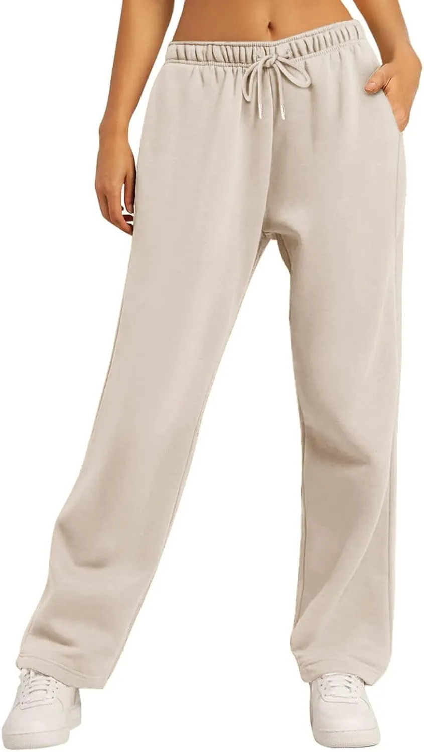 Women's Fleece Lined Sweatpants Baggy Wide Straight Leg Pants High Waist Joggers Drawstring Sweat Pants with Pockets